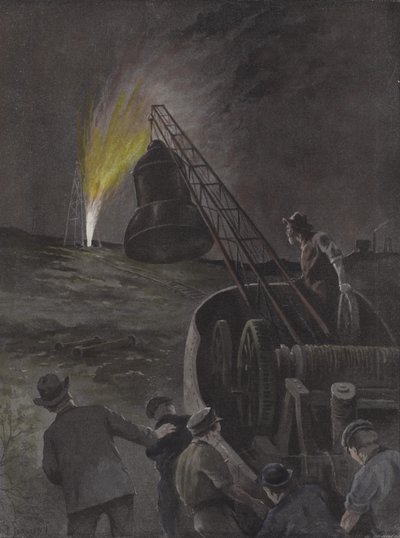 Capping a burning oil well, Texas by Paul Frenzeny